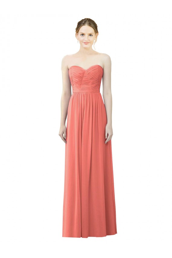 A-Line Strapless Soft Chiffon Long Coral Bridesmaid Dress Barrie