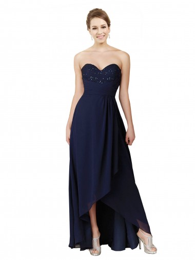 A-Line Sweetheart Soft Chiffon Long Dark Navy High Low Bridesmaid Dress Barrie