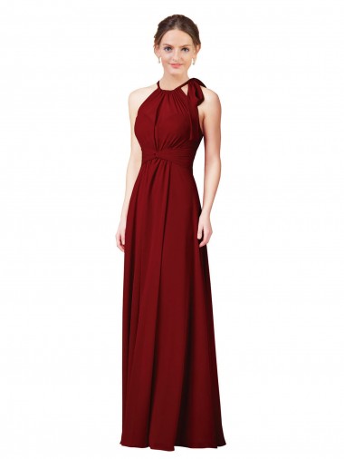Sheath Halter Neck Soft Chiffon Long Burgundy Bridesmaid Dress Barrie