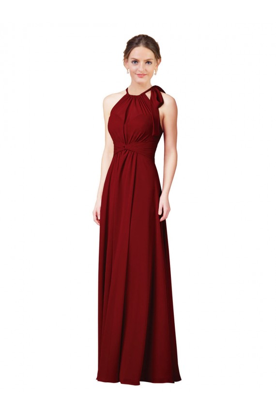 Sheath Halter Neck Soft Chiffon Long Burgundy Bridesmaid Dress Barrie
