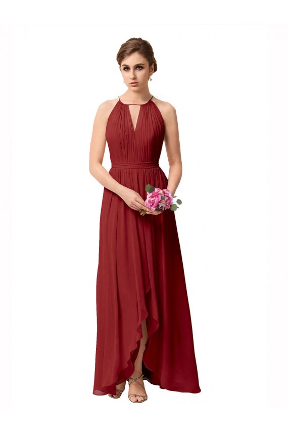 A-Line High Neck Soft Chiffon Burgundy High Low Bridesmaid Dress Barrie