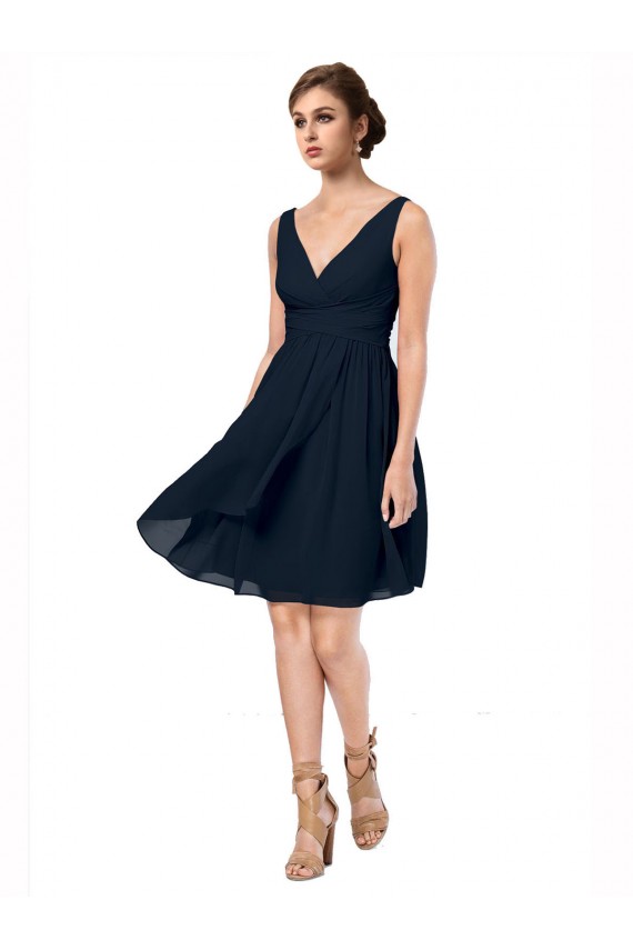 A-Line V-Neck Soft Chiffon Knee Length Dark Navy Bridesmaid Dress Barrie