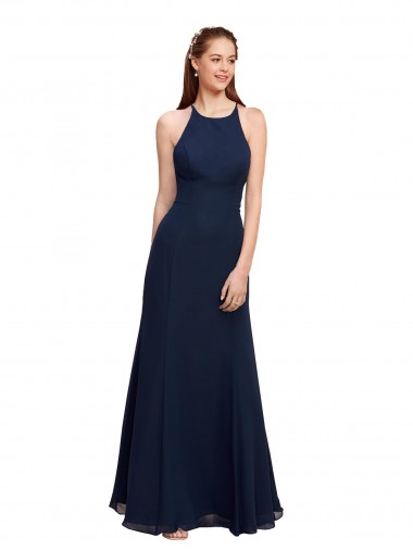 Mermaid High Neck Soft Chiffon Long Dark Navy Prom Dress / Bridesmaid Dress Barrie