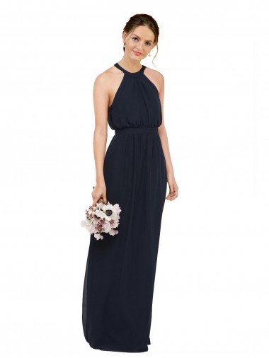 A-Line High Neck Soft Chiffon Long Dark Navy Bridesmaid Dress Barrie