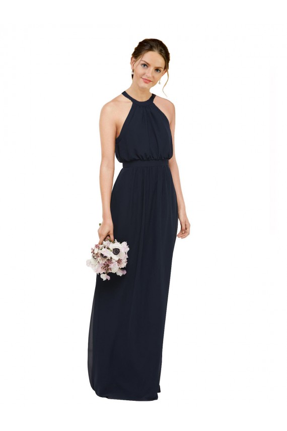 A-Line High Neck Soft Chiffon Long Dark Navy Bridesmaid Dress Barrie