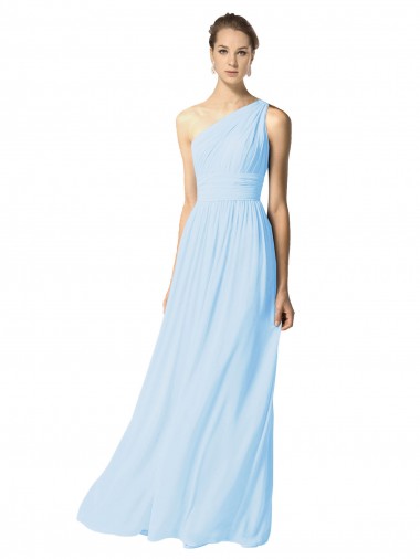 A-Line One Shoulder Soft Chiffon Long Light Sky Blue Bridesmaid Dress Barrie