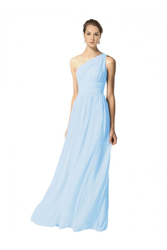 A-Line One Shoulder Soft Chiffon Long Light Sky Blue Bridesmaid Dress Barrie