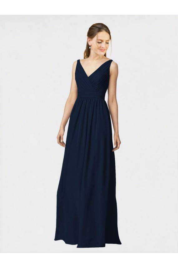 A-Line V-Neck Chiffon Long Dark Navy Bridesmaid Dresses / Formal Dresses Barrie