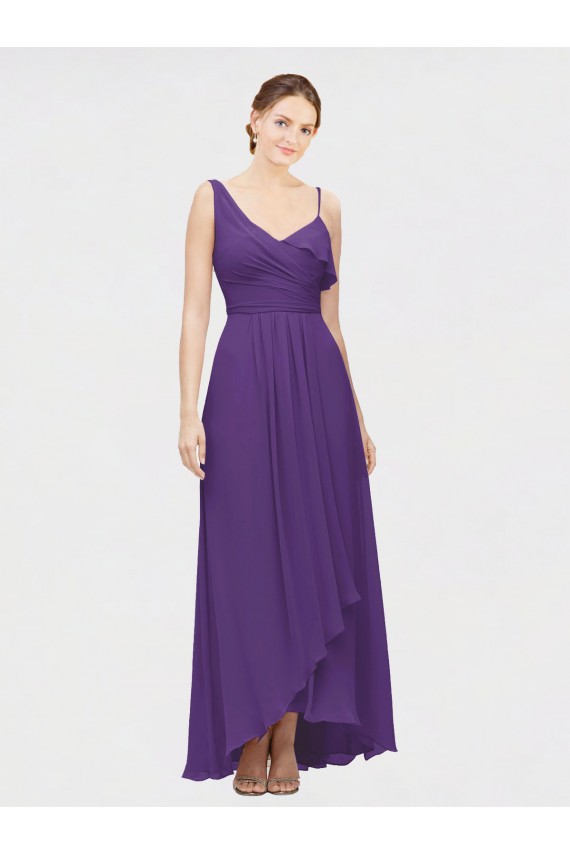 A-Line V-Neck Soft Chiffon Long Plum Purple High Low Bridesmaid Dress Barrie