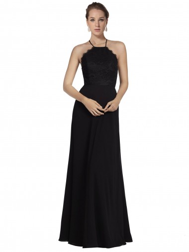 A-Line Halter Neck Soft Chiffon & Lace Long Black Bridesmaid Dress Barrie