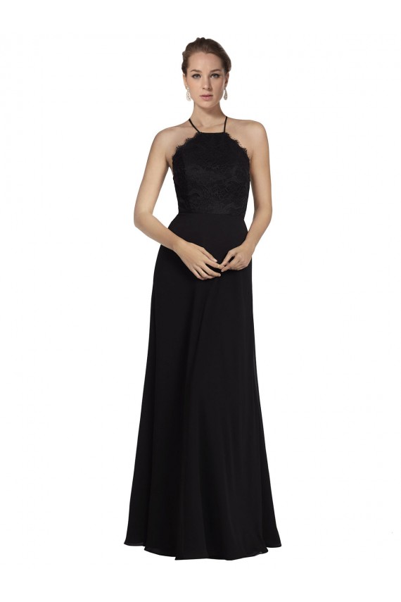 A-Line Halter Neck Soft Chiffon & Lace Long Black Bridesmaid Dress Barrie