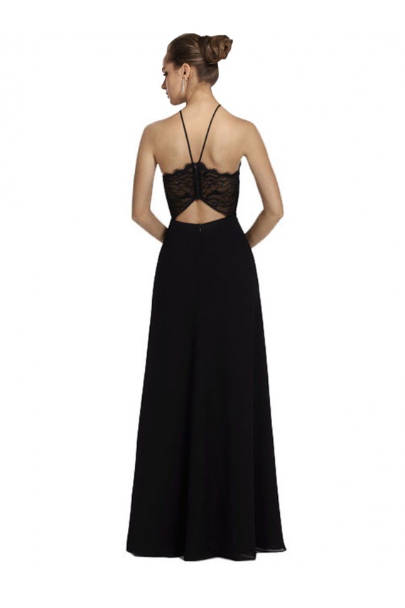 A-Line Halter Neck Soft Chiffon & Lace Long Black Bridesmaid Dress Barrie