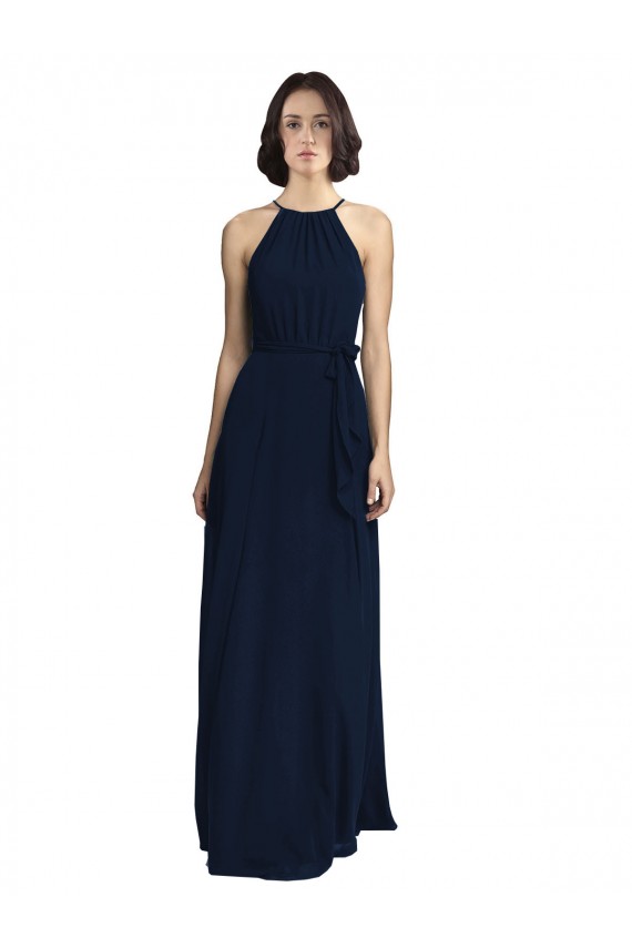 A-Line High Neck Chiffon Long Dark Navy Bridesmaid Dress / Evening Gowns Barrie