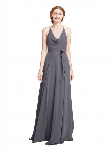 A-Line Halter Neck Soft Chiffon Long Slate Grey Bridesmaid Dress Barrie