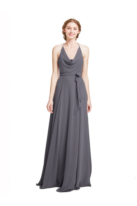 A-Line Halter Neck Soft Chiffon Long Slate Grey Bridesmaid Dress Barrie