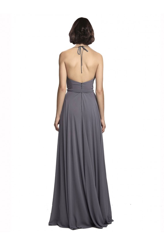 A-Line Halter Neck Soft Chiffon Long Slate Grey Bridesmaid Dress Barrie