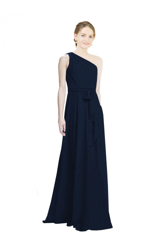 A-Line One Shoulder Soft Chiffon Long Dark Navy Bridesmaid Dress Barrie