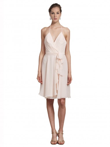 A-Line V-Neck Soft Chiffon Knee Length Cream Pink Bridesmaid Dress Barrie