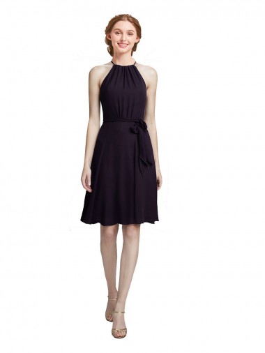 A-Line High Neck Soft Chiffon Knee Length Grape Bridesmaid Dress Barrie