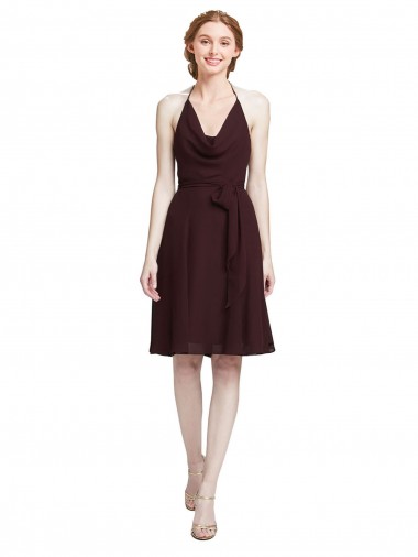 A-Line Halter Neck Soft Chiffon Knee Length Burgundy Gold Bridesmaid Dress Barrie