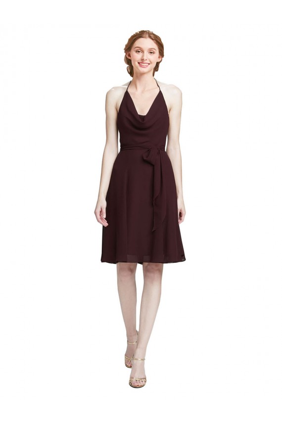 A-Line Halter Neck Soft Chiffon Knee Length Burgundy Gold Bridesmaid Dress Barrie