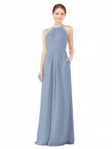 Sheath High Neck Soft Chiffon Long Dusty Blue Bridesmaid Dress Barrie