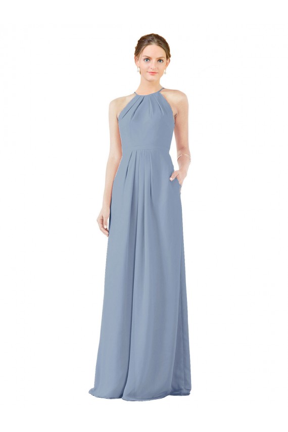 Sheath High Neck Soft Chiffon Long Dusty Blue Bridesmaid Dress Barrie