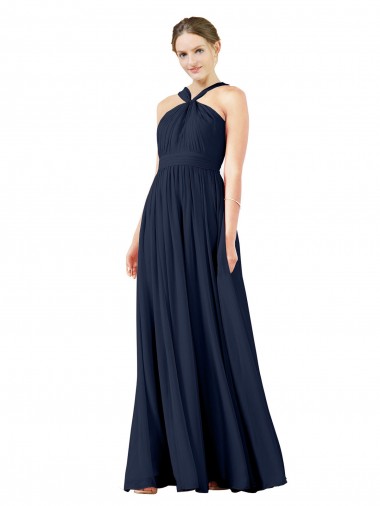 Princess V-Neck Chiffon Long Dark Navy Bridesmaid Gowns Barrie