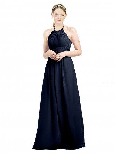 A-Line High Neck Soft Chiffon Long Dark Navy Evening Gowns / Bridesmaid Dress Barrie
