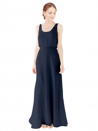 A-Line Scoop Neck Soft Chiffon Long Dark Navy Bridesmaid Dress Barrie