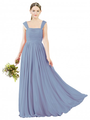A-Line Square Neck Soft Chiffon Long Dusty Blue Bridesmaid Dress Barrie