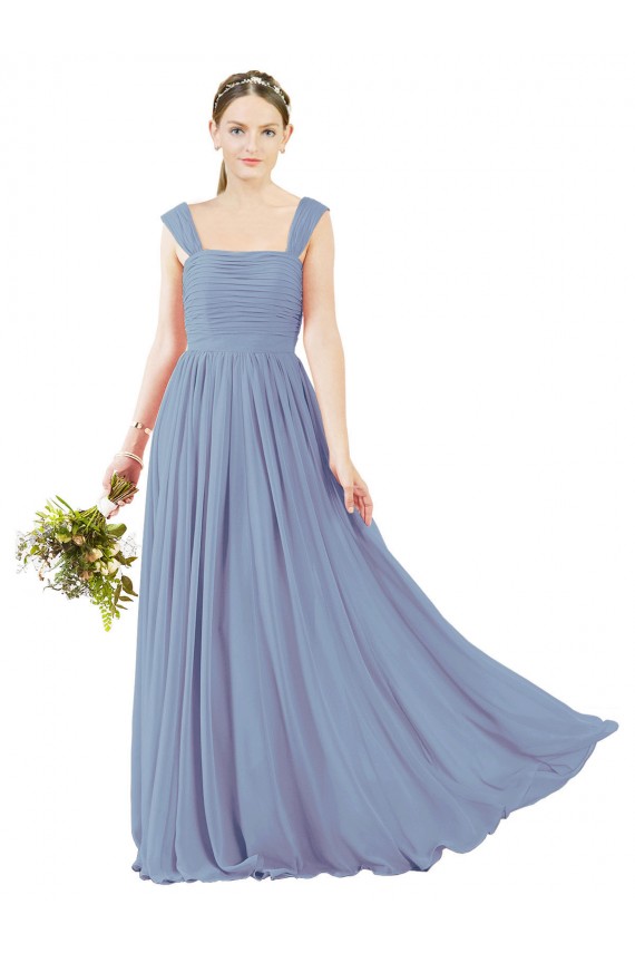 A-Line Square Neck Soft Chiffon Long Dusty Blue Bridesmaid Dress Barrie