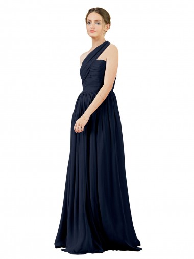 A-Line One Shoulder Chiffon Long Dark Navy Bridesmaid Dress / Evening Dress Barrie