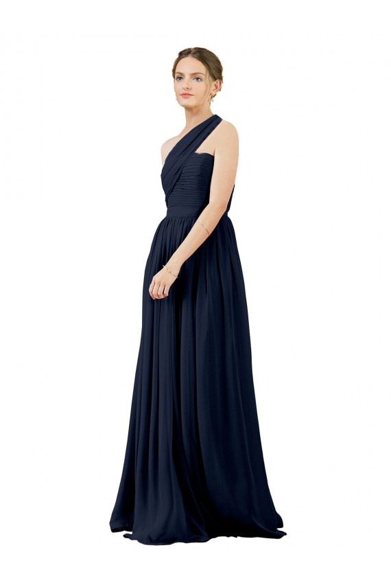A-Line One Shoulder Chiffon Long Dark Navy Bridesmaid Dress / Evening Dress Barrie