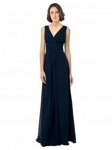 A-Line V-Neck Chiffon Long Dark Navy Bridal Party Dress Barrie