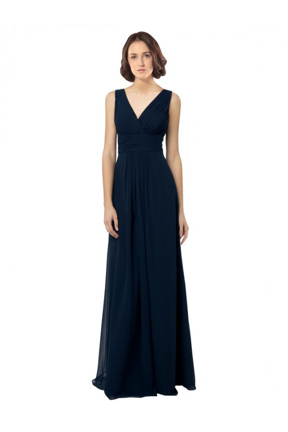 A-Line V-Neck Chiffon Long Dark Navy Bridal Party Dress Barrie
