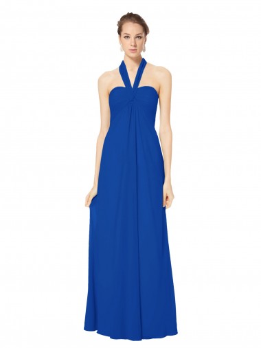 A-Line Halter Neck Chiffon Long Floor Length Royal Blue Bridesmaid Dress Barrie