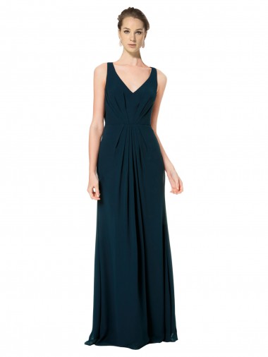 A-Line V-Neck Soft Chiffon Long Midnight Green Bridesmaid Dress Barrie