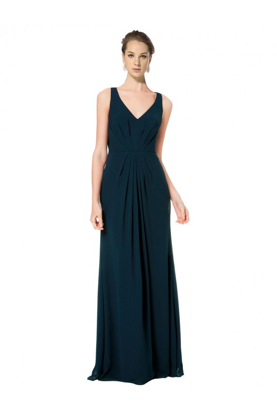 A-Line V-Neck Soft Chiffon Long Midnight Green Bridesmaid Dress Barrie