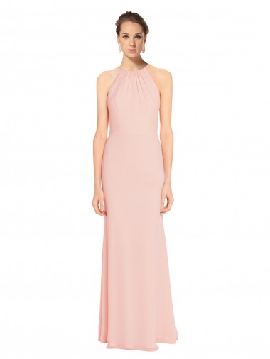 A-Line Halter Neck Soft Chiffon Long Pink Bridesmaid Dress Barrie