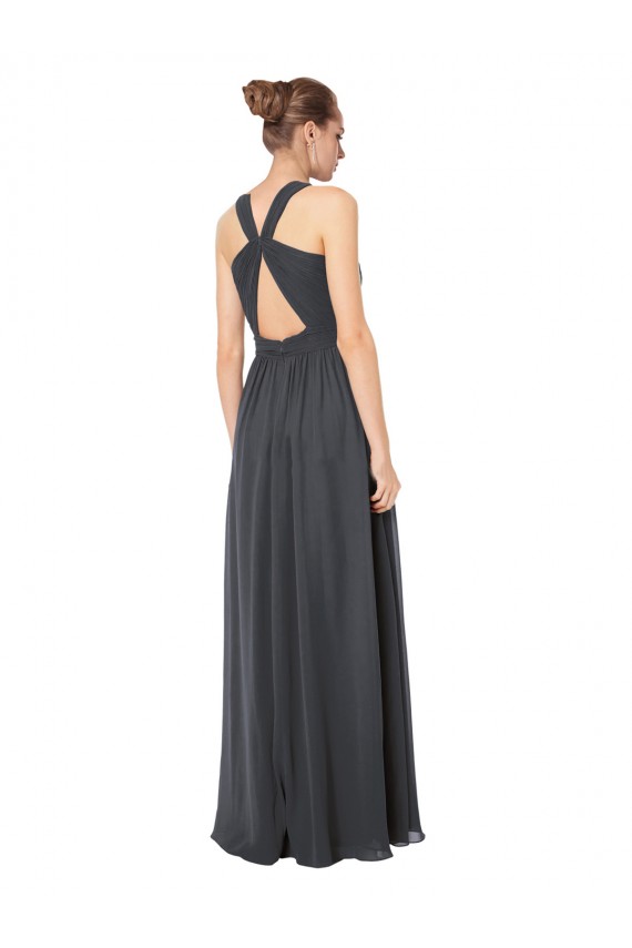 A-Line Halter Neck Soft Chiffon Long Stormy Silver Bridesmaid Dress Barrie