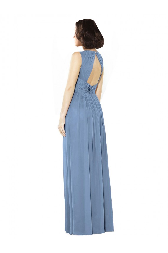 A-Line Bateau Neck Soft Chiffon Long Dusty Blue Bridesmaid Dress Barrie