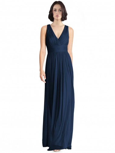 A-Line V-Neck Chiffon Long Floor Length Dark Navy Bridesmaid Dress Barrie