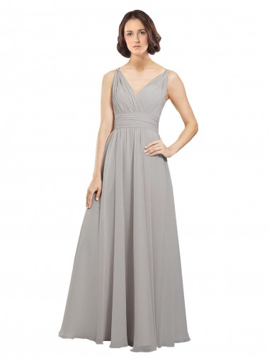 A-Line V-Neck Soft Chiffon Long Oyster Silver Bridesmaid Dress Barrie