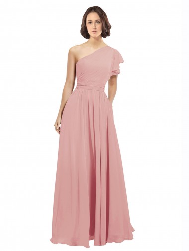 A-Line One Shoulder Chiffon Long Bliss Pink Bridesmaid Dress / Evening Dress Barrie