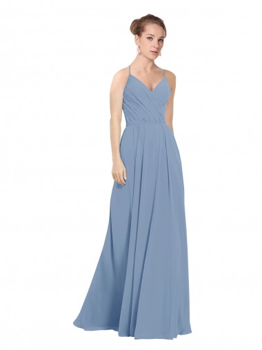 A-Line V-Neck Soft Chiffon Long Dusty Blue Evening Dress / Bridesmaid Dress Barrie