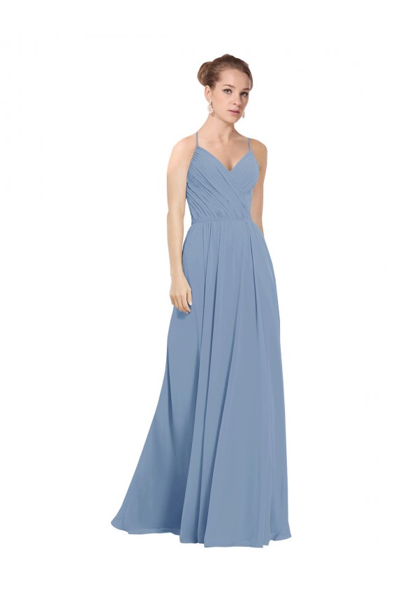 A-Line V-Neck Soft Chiffon Long Dusty Blue Evening Dress / Bridesmaid Dress Barrie