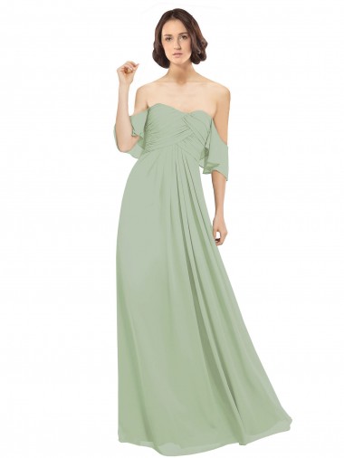 A-Line Off the Shoulder Soft Chiffon Long Smoke Green Bridesmaid Dress Barrie