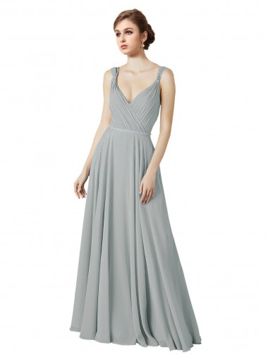 A-Line V-Neck Chiffon Long Silver Bridesmaid Dress / Evening Dress Barrie