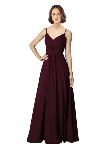 A-Line V-Neck Soft Chiffon Long Burgundy Gold Bridesmaid Dress Barrie